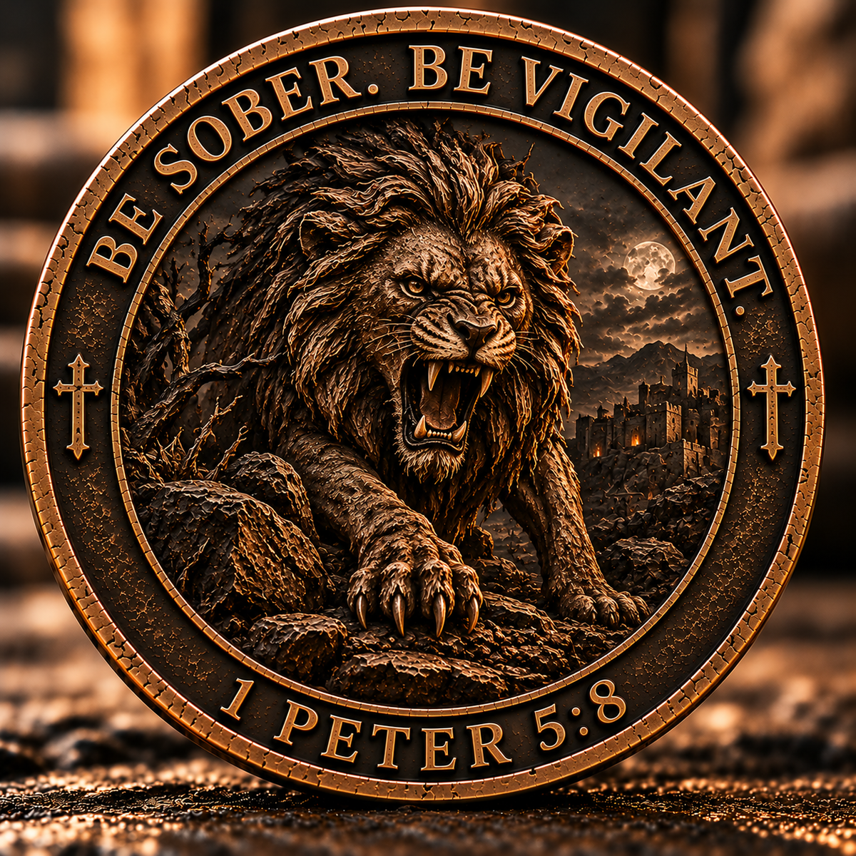 Back of Vigilant coin showing a roaring lion among rocks beneath Be Sober. Be Vigilant. and above 1 Peter 5:8
