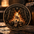 Front of The Gates of Hell coin, with cross-bearing warriors approaching shattered gates and the words The Gates of Hell Shall Not Prevail