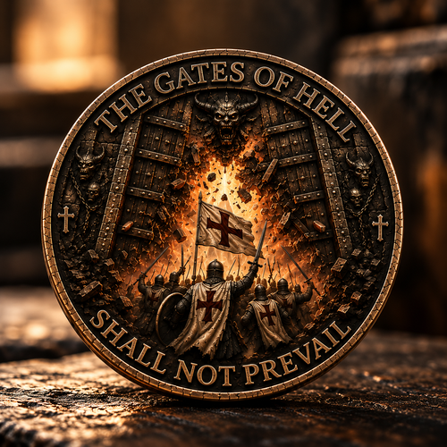 Front of The Gates of Hell coin, with cross-bearing warriors approaching shattered gates and the words The Gates of Hell Shall Not Prevail