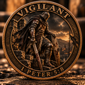 Front of Vigilant coin showing an armored knight with sword and shield on battlements, with Vigilant and 1 Peter 5:8
