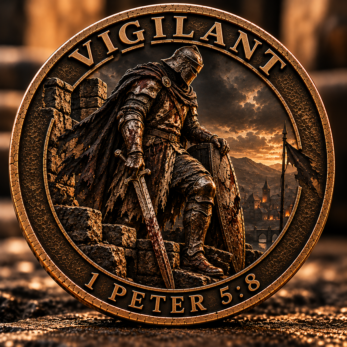 Front of Vigilant coin showing an armored knight with sword and shield on battlements, with Vigilant and 1 Peter 5:8